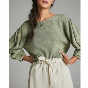 Pilcro | Anthropologie Mineral Washed Waffle Top Green XL Balloon Sleeves